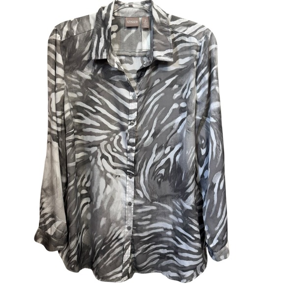 CHICO'S Size 2 US L Satiny Animal Print Blouse Tunic Top‎ Roll Tab Sleeves - Picture 1 of 6